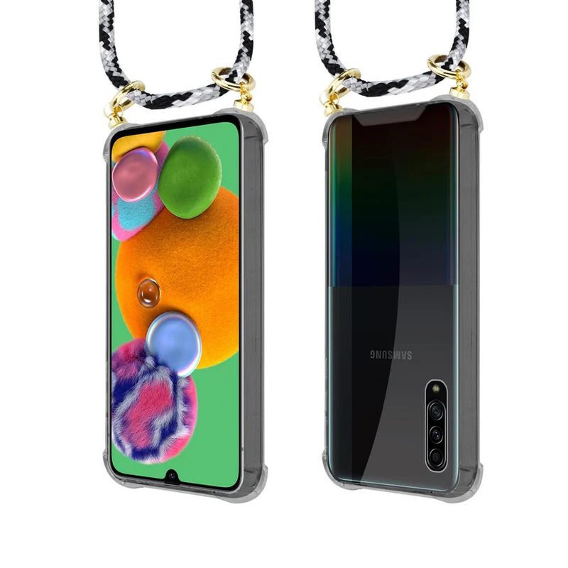 Cadorabo Handy Kette kompatibel mit Samsung Galaxy A90 5G Silikon Schutzhülle mit Gold Ringen, Kordel Band und abnehmbarem Etui