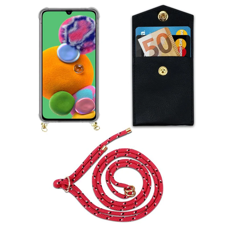 Cadorabo Handy Kette kompatibel mit Samsung Galaxy A90 5G Silikon Schutzhülle mit Gold Ringen, Kordel Band und abnehmbarem Etui