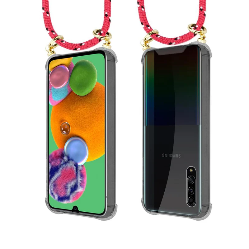Cadorabo Handy Kette kompatibel mit Samsung Galaxy A90 5G Silikon Schutzhülle mit Gold Ringen, Kordel Band und abnehmbarem Etui