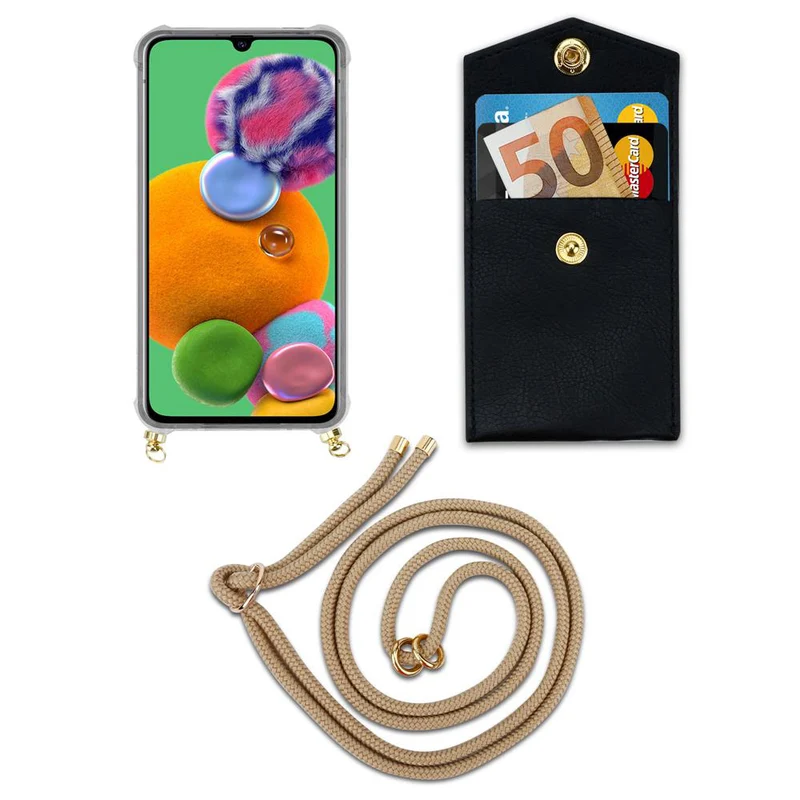 Cadorabo Handy Kette kompatibel mit Samsung Galaxy A90 5G Silikon Schutzhülle mit Gold Ringen, Kordel Band und abnehmbarem Etui