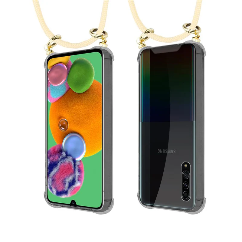 Cadorabo Handy Kette kompatibel mit Samsung Galaxy A90 5G Silikon Schutzhülle mit Gold Ringen, Kordel Band und abnehmbarem Etui