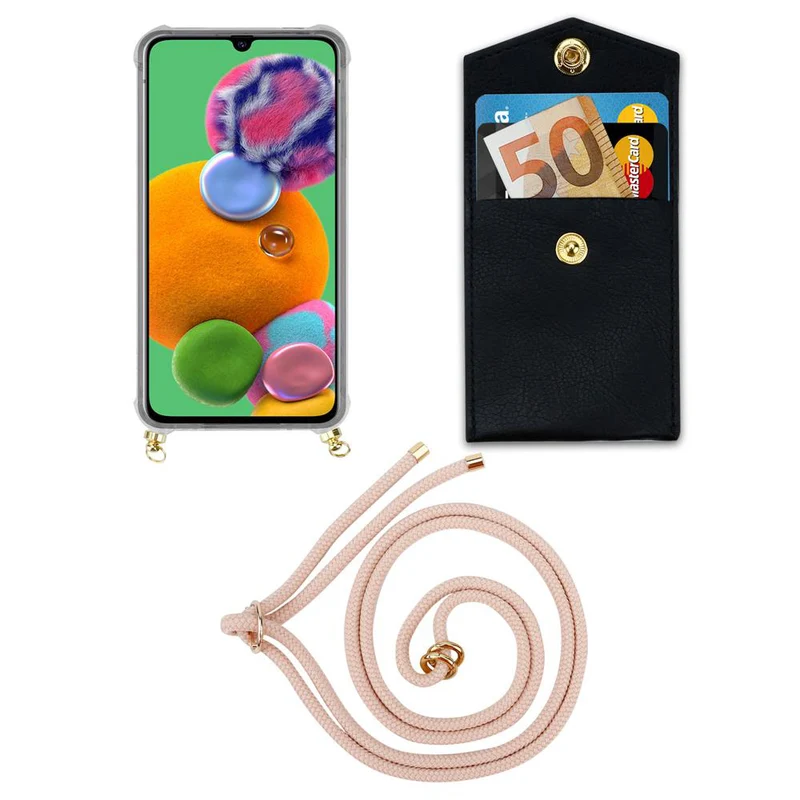 Cadorabo Handy Kette kompatibel mit Samsung Galaxy A90 5G Silikon Schutzhülle mit Gold Ringen, Kordel Band und abnehmbarem Etui