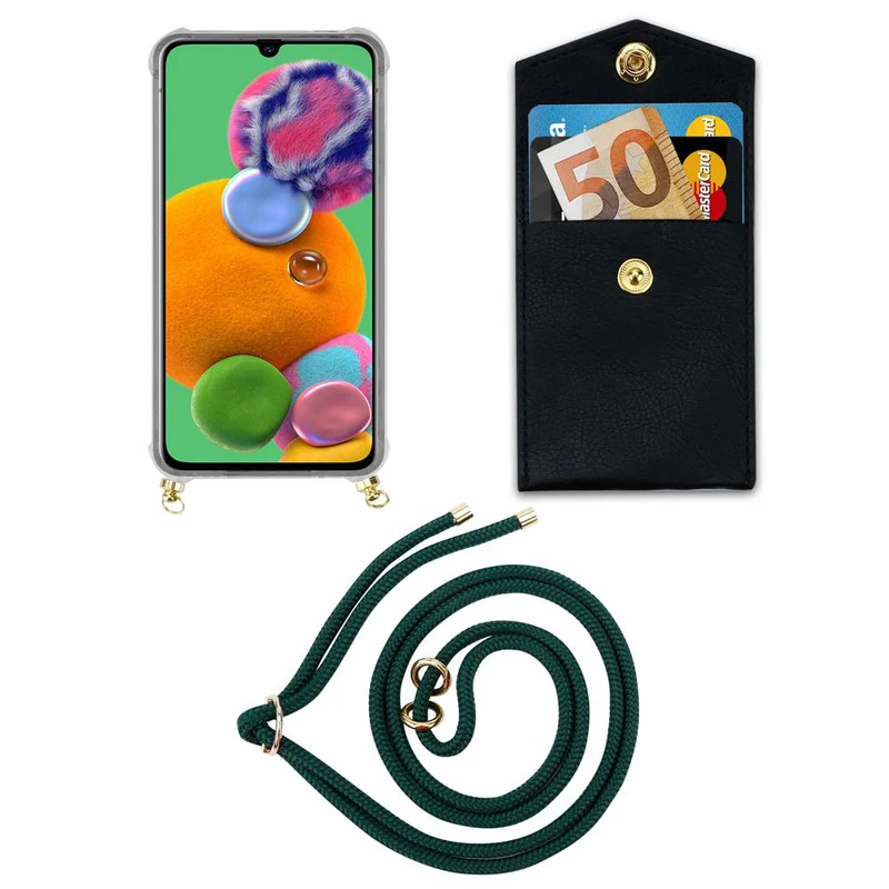Cadorabo Handy Kette kompatibel mit Samsung Galaxy A90 5G Silikon Schutzhülle mit Gold Ringen, Kordel Band und abnehmbarem Etui