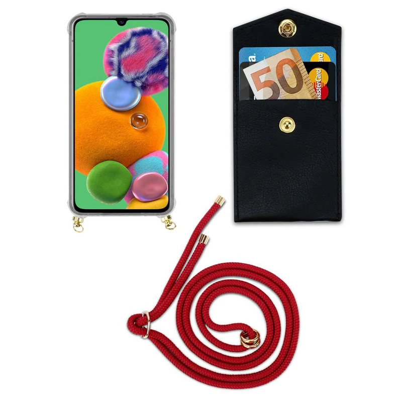 Cadorabo Handy Kette kompatibel mit Samsung Galaxy A90 5G Silikon Schutzhülle mit Gold Ringen, Kordel Band und abnehmbarem Etui