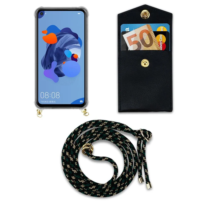 Cadorabo Handy Kette kompatibel mit Huawei MATE 30 LITE Silikon Schutzhülle mit Gold Ringen, Kordel Band und abnehmbarem Etui