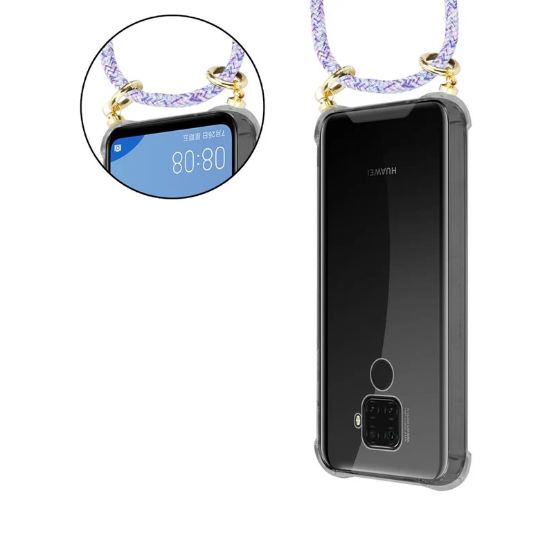 Cadorabo Handy Kette kompatibel mit Huawei MATE 30 LITE Silikon Schutzhülle mit Gold Ringen, Kordel Band und abnehmbarem Etui