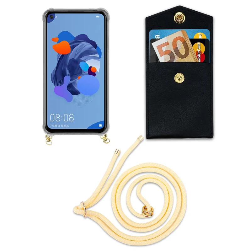 Cadorabo Handy Kette kompatibel mit Huawei MATE 30 LITE Silikon Schutzhülle mit Gold Ringen, Kordel Band und abnehmbarem Etui