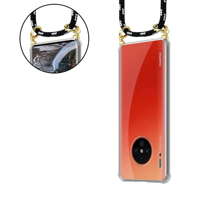 Cadorabo Handy Kette kompatibel mit Huawei MATE 30 PRO Silikon Schutzhülle mit Gold Ringen, Kordel Band und abnehmbarem Etui
