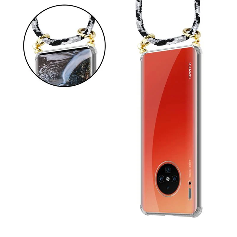 Cadorabo Handy Kette kompatibel mit Huawei MATE 30 PRO Silikon Schutzhülle mit Gold Ringen, Kordel Band und abnehmbarem Etui