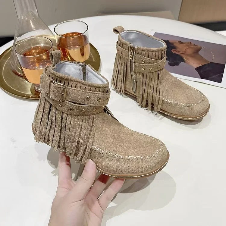 Damen nan Fransen-Mokassin-Stiefelette mit Ziergurt, Schnalle und weicher Gummisohle Drune