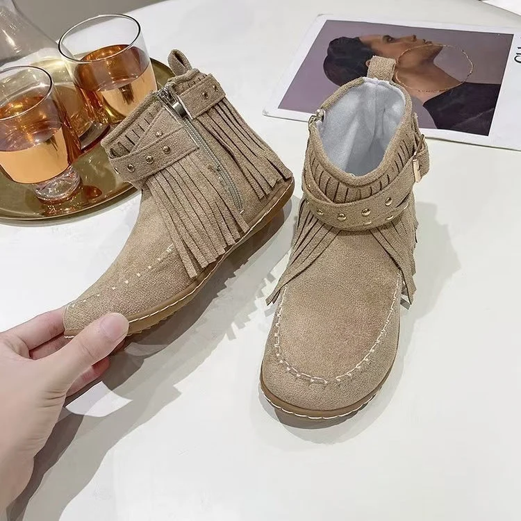 Damen nan Fransen-Mokassin-Stiefelette mit Ziergurt, Schnalle und weicher Gummisohle Drune