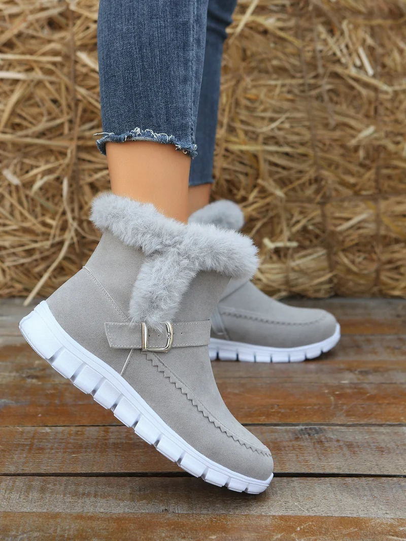 Damen nan gefütterte Kurzstiefel mit Kunstfellbesatz, Velourslederoptik, seitlichem Reißverschluss, dekorativer Metallschnalle und profilierter Lightweight-Sohle Drune