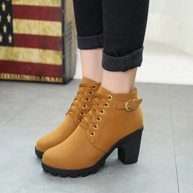 Damen nan elegante Schnür-Stiefelette mit mittlerem Blockabsatz, profilierter Gummilaufsohle und dekorativer Metallschnalle Drune