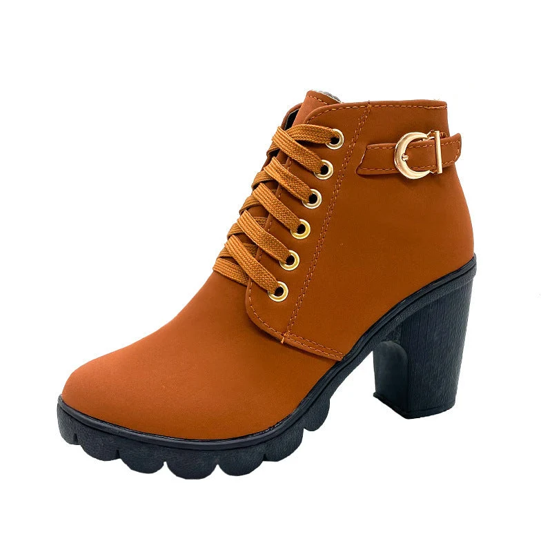 Damen nan elegante Schnür-Stiefelette mit mittlerem Blockabsatz, profilierter Gummilaufsohle und dekorativer Metallschnalle Drune