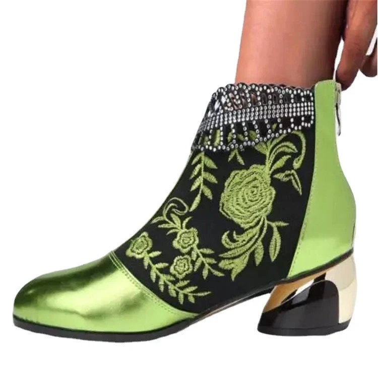 Damen nan bestickte Ankle-Boots mit Samteinsatz Perlenbesatz und skulptiertem Blockabsatz Drune