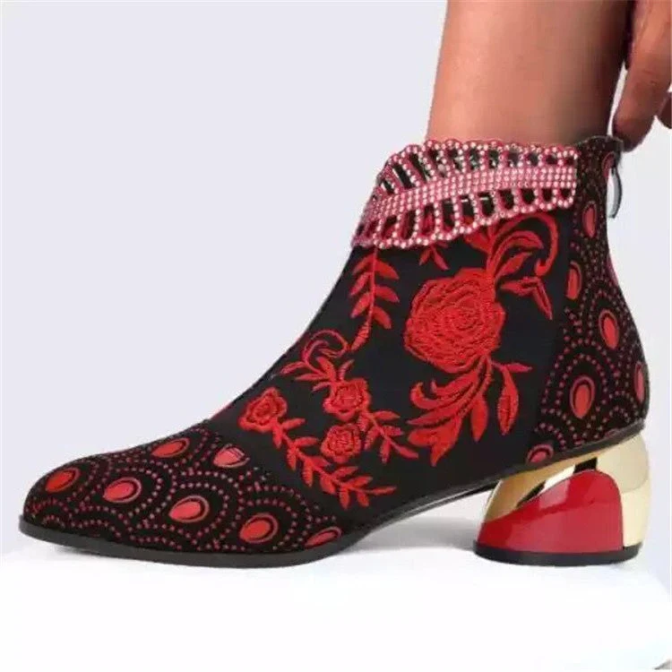 Damen nan bestickte Ankle-Boots mit Samteinsatz Perlenbesatz und skulptiertem Blockabsatz Drune