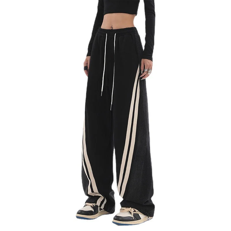 Damen nan weite Jogginghose mit hoher Taille und Jeansstoffeinsätzen sowie Seitenstreifen Drune