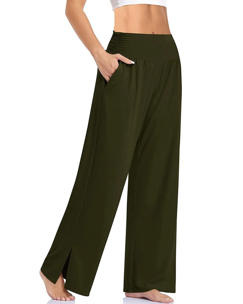 Damen nan weite Yogahose mit hohem Komfortbund, seitlichen Eingrifftaschen und seitlichem Bein-Schlitz Drune