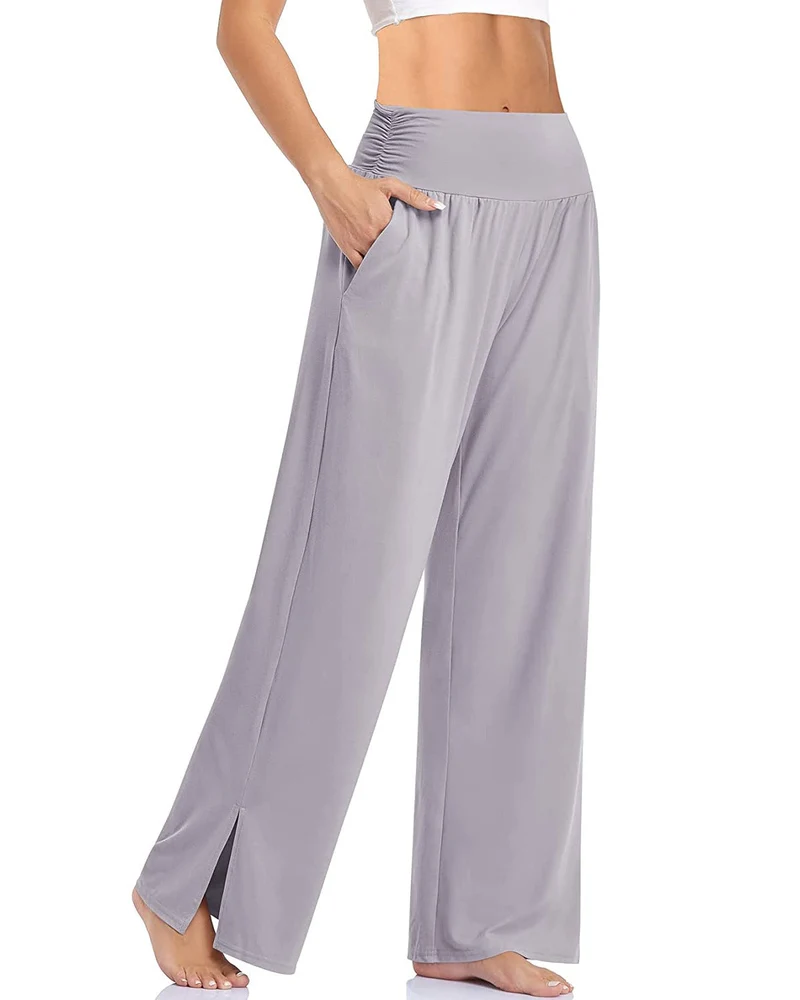 Damen nan weite Yogahose mit hohem Komfortbund, seitlichen Eingrifftaschen und seitlichem Bein-Schlitz Drune