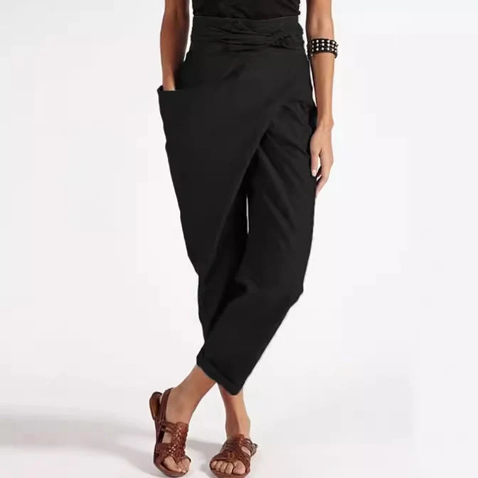 Damen nan Wickelhose aus Leinenmix mit hohem Taillenbund, überlappender Vorderseite und großzügiger Eingrifftasche Drune