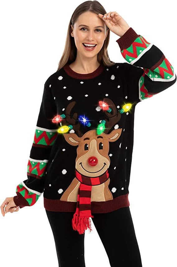 Damen nan weihnachtlicher Strickpullover mit Rentierapplikation integrierter Lichterkette und dreidimensionalem Nasenpompom Drune