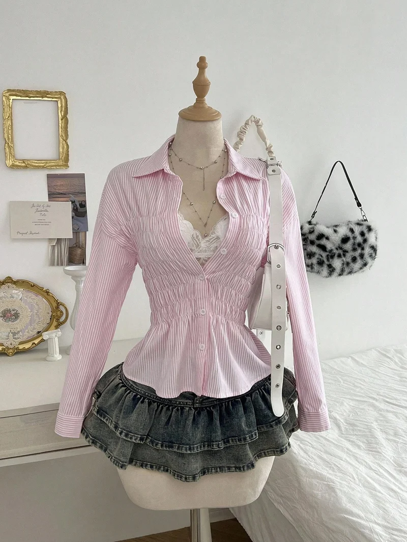 Damen nan taillierte Hemdbluse mit geraffter Brustpartie und Schößchen Drune