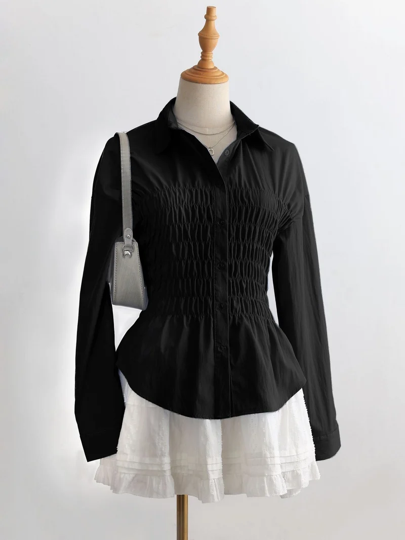 Damen nan taillierte Hemdbluse mit geraffter Brustpartie und Schößchen Drune