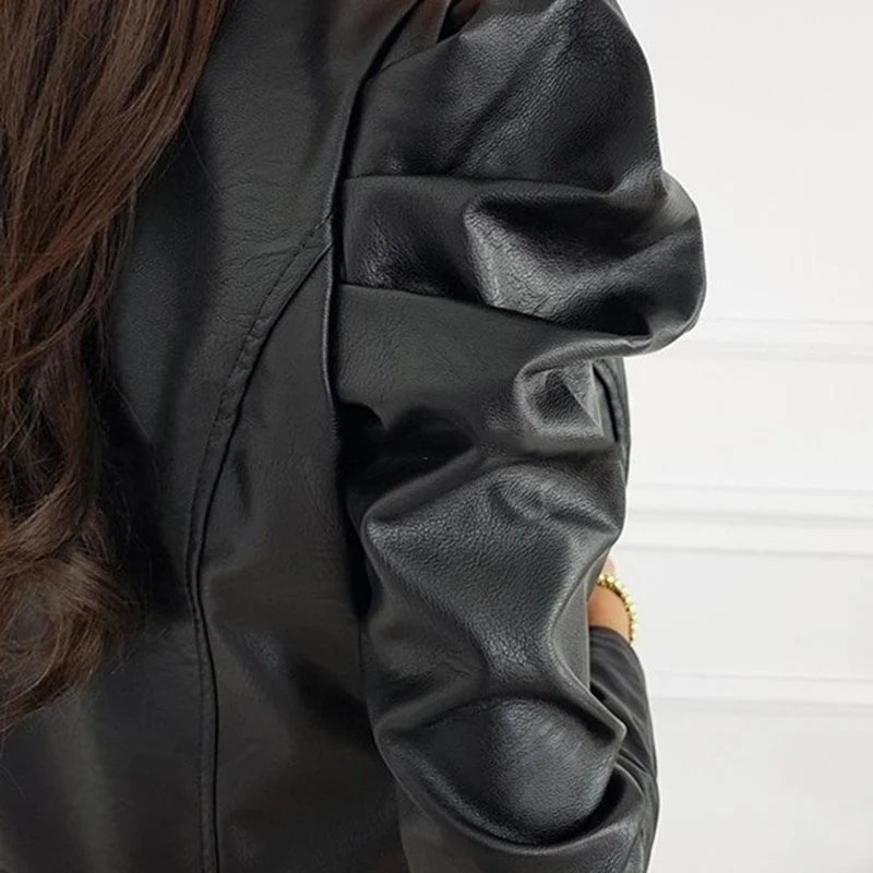 Damen nan taillierte Kurzjacke aus Kunstleder mit Puffärmeln und Reißverschluss Drune