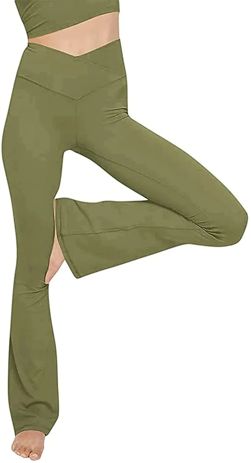 Damen nan taillenhohe Yogahose mit überkreuztem Bund und ausgestelltem Saum mit Schlitz Drune