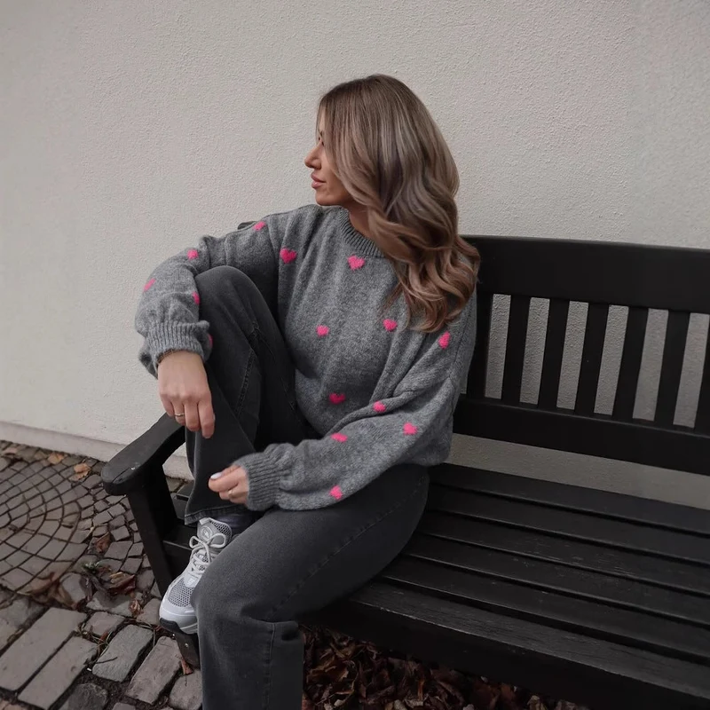 Damen nan oversized Strickpullover mit Herzintarsien und Ballonärmeln Drune