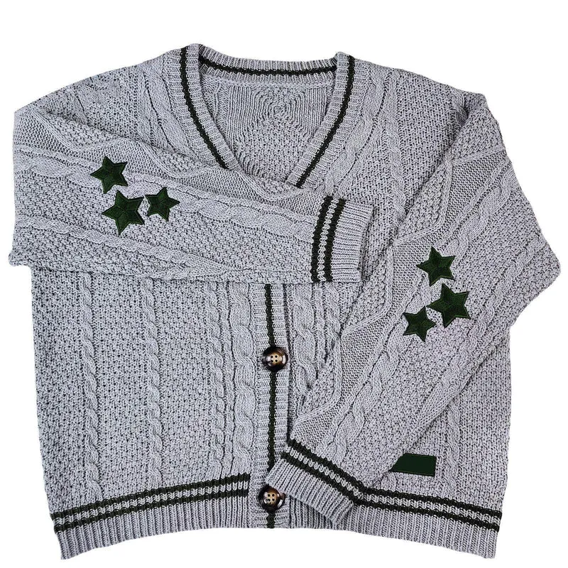 Damen nan oversized Zopfmuster-Cardigan mit V-Ausschnitt, Knopfleiste und Sternapplikationen Drune