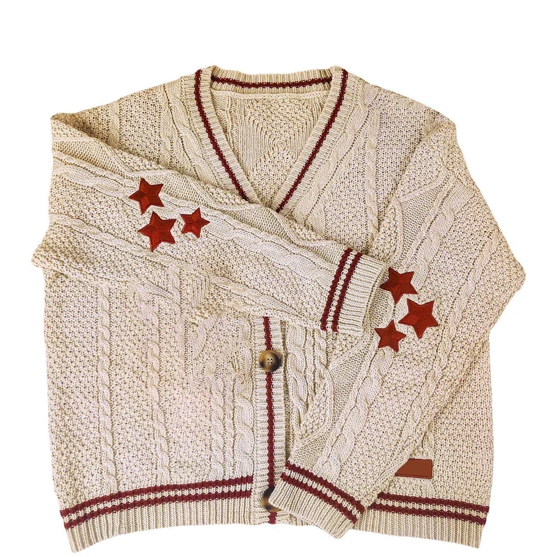 Damen nan oversized Zopfmuster-Cardigan mit V-Ausschnitt, Knopfleiste und Sternapplikationen Drune