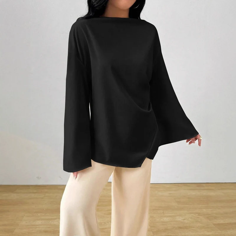 Damen nan oversized Satin-Tunika mit U-Boot-Ausschnitt und weiten Trompetenärmeln Drune