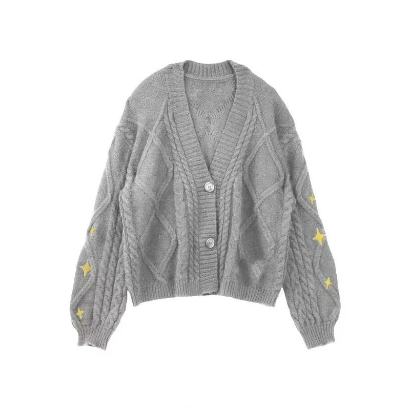 Damen nan oversize Strickcardigan mit Zopfmuster und Sternapplikationen V-Ausschnitt Knopfleiste Drune