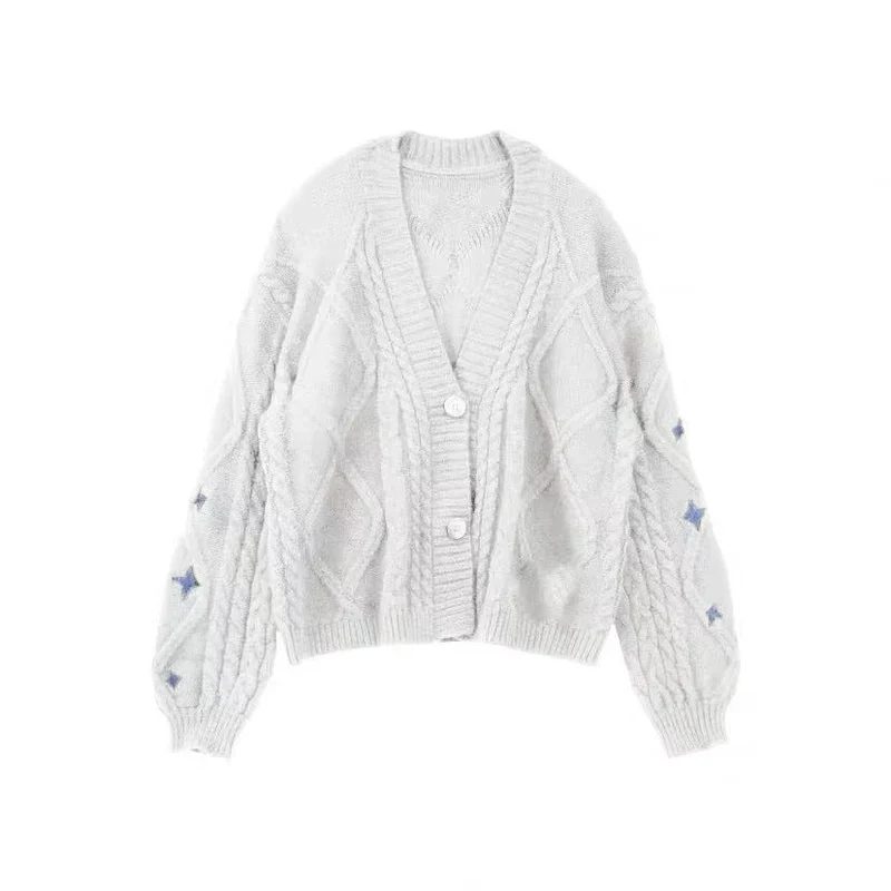 Damen nan oversize Strickcardigan mit Zopfmuster und Sternapplikationen V-Ausschnitt Knopfleiste Drune