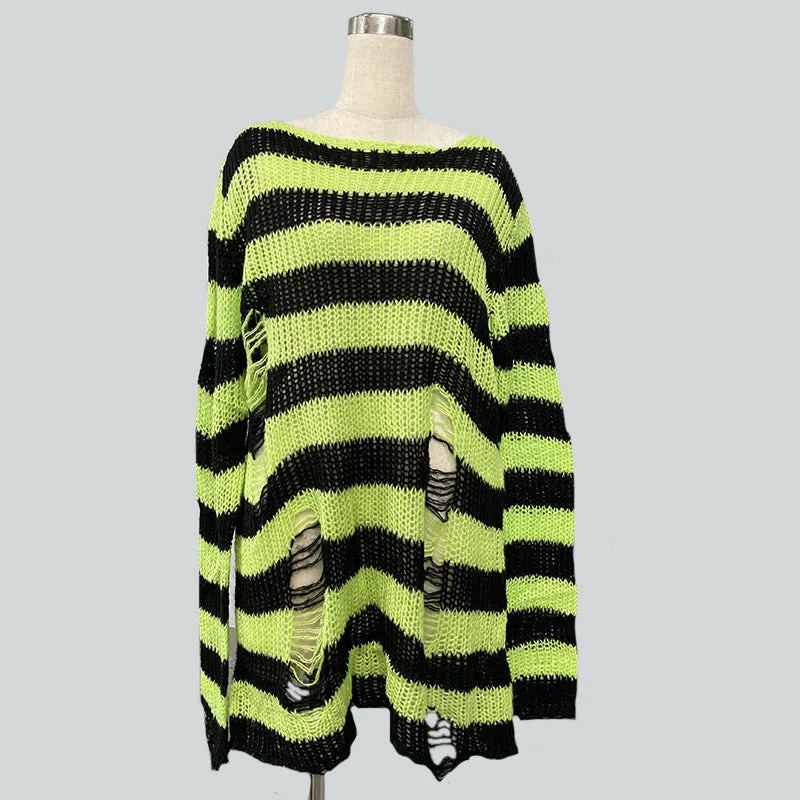 Damen nan Oversized Grobstrickpullover mit breiten Blockstreifen und aufgerissenem Design Drune