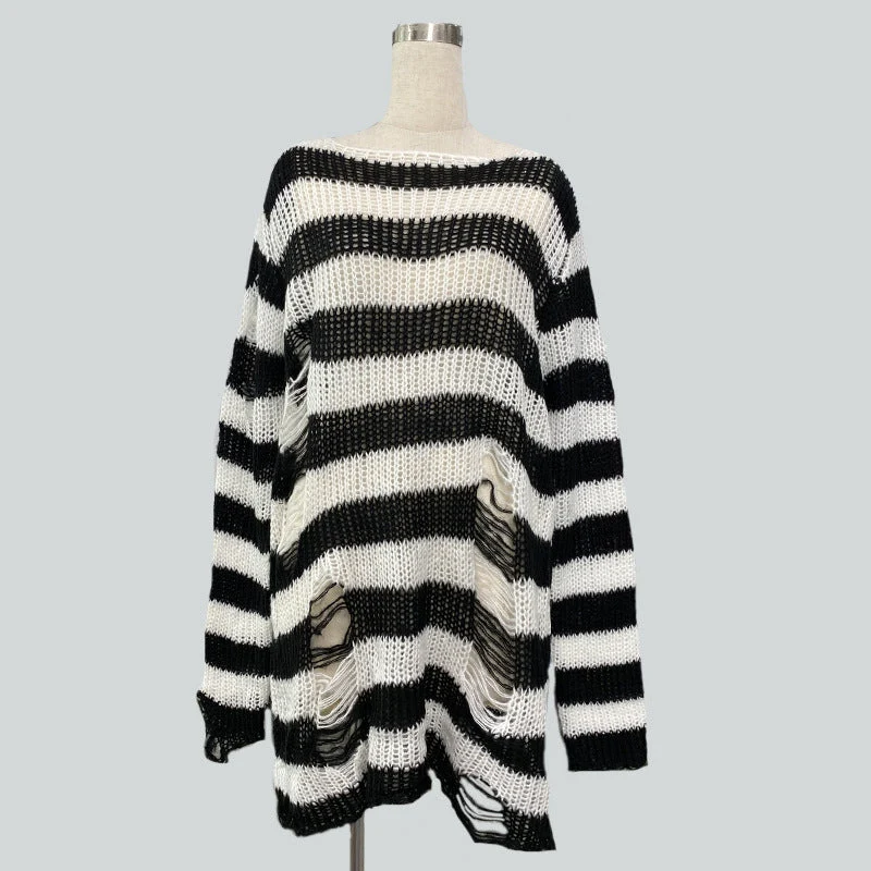 Damen nan Oversized Grobstrickpullover mit breiten Blockstreifen und aufgerissenem Design Drune