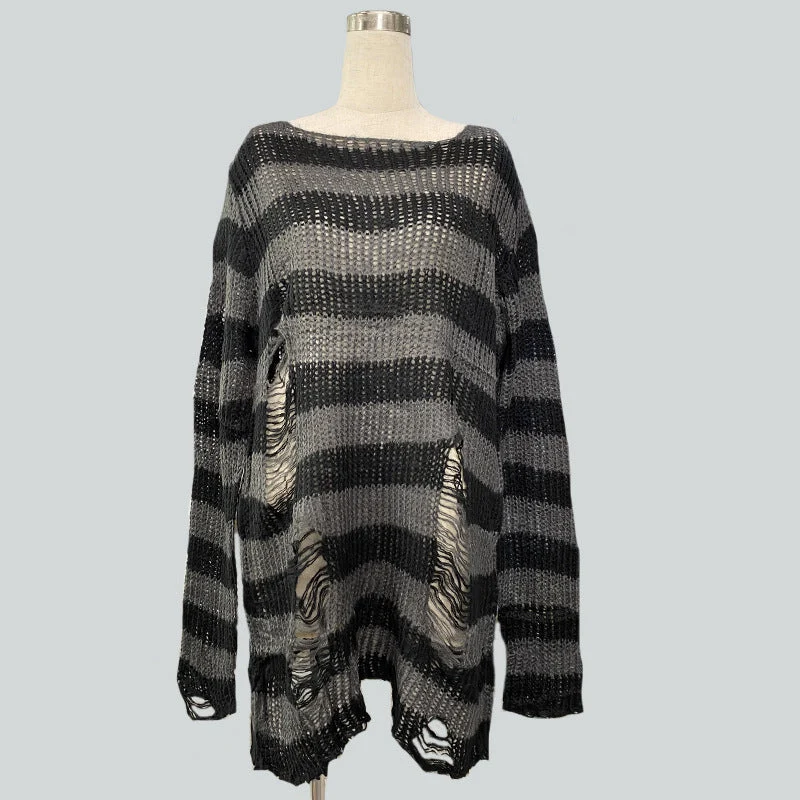 Damen nan Oversized Grobstrickpullover mit breiten Blockstreifen und aufgerissenem Design Drune