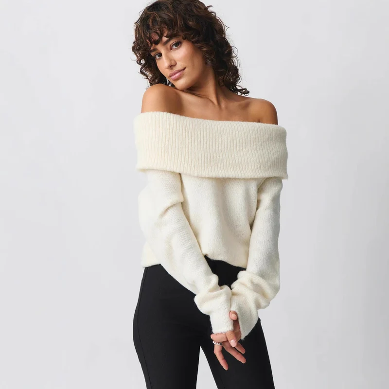 Damen nan Off-Shoulder Grobstrickpullover mit breitem Umschlagkragen und lässiger Oversize-Passform Drune