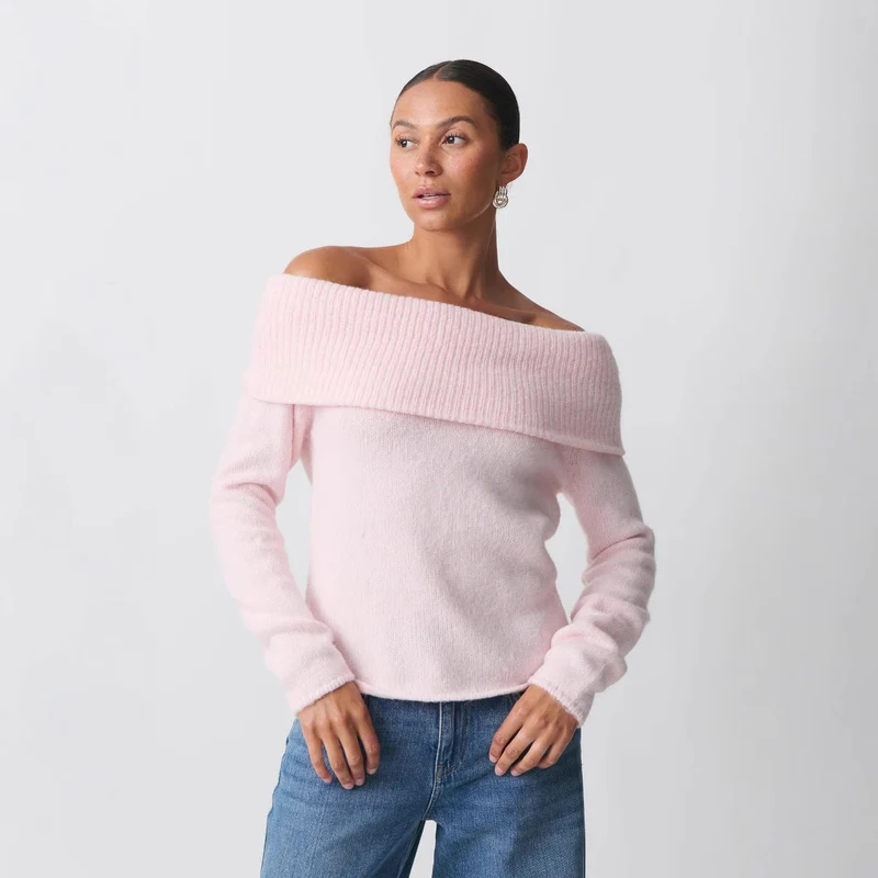 Damen nan Off-Shoulder Grobstrickpullover mit breitem Umschlagkragen und lässiger Oversize-Passform Drune