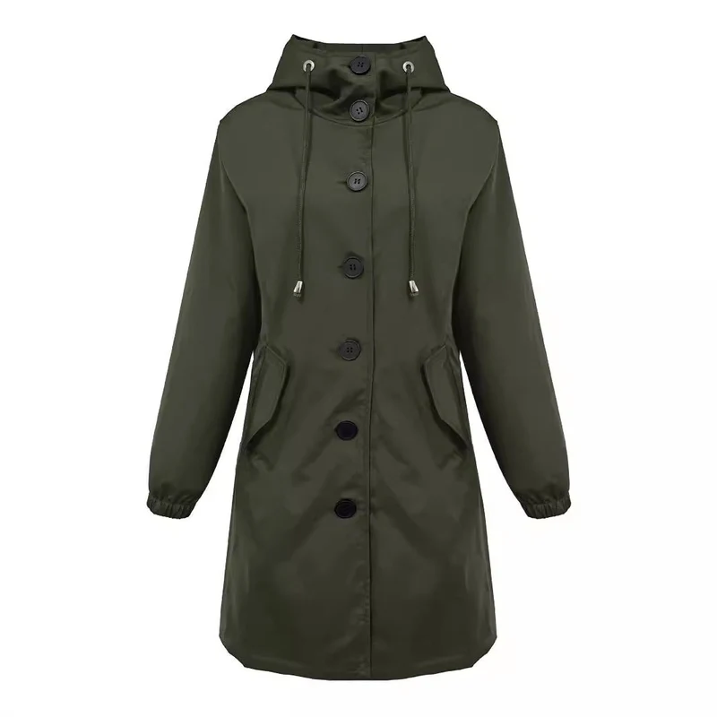 Damen nan leichter Regenparka mit Kapuze, überlanger Knopfleiste, Tunnelzug und aufgesetzten Taschen Drune