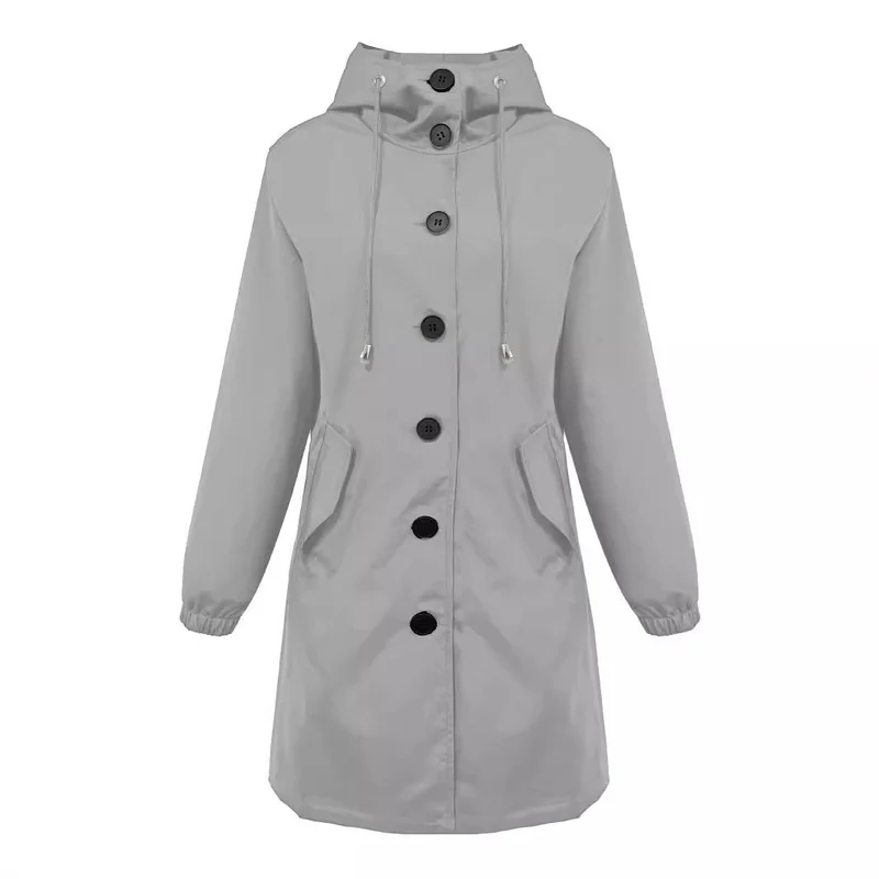 Damen nan leichter Regenparka mit Kapuze, überlanger Knopfleiste, Tunnelzug und aufgesetzten Taschen Drune