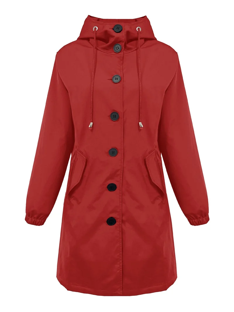 Damen nan leichter Regenparka mit Kapuze, überlanger Knopfleiste, Tunnelzug und aufgesetzten Taschen Drune