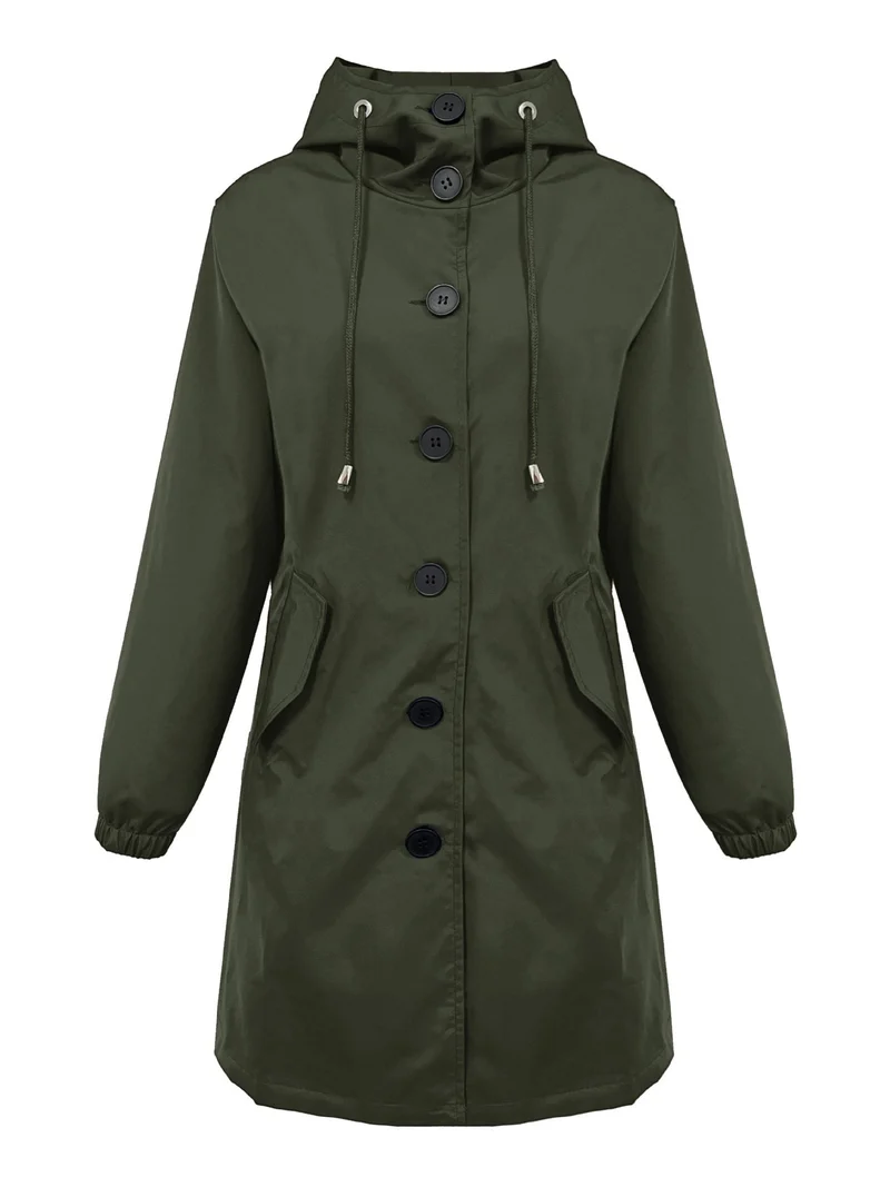 Damen nan leichter Regenparka mit Kapuze, überlanger Knopfleiste, Tunnelzug und aufgesetzten Taschen Drune