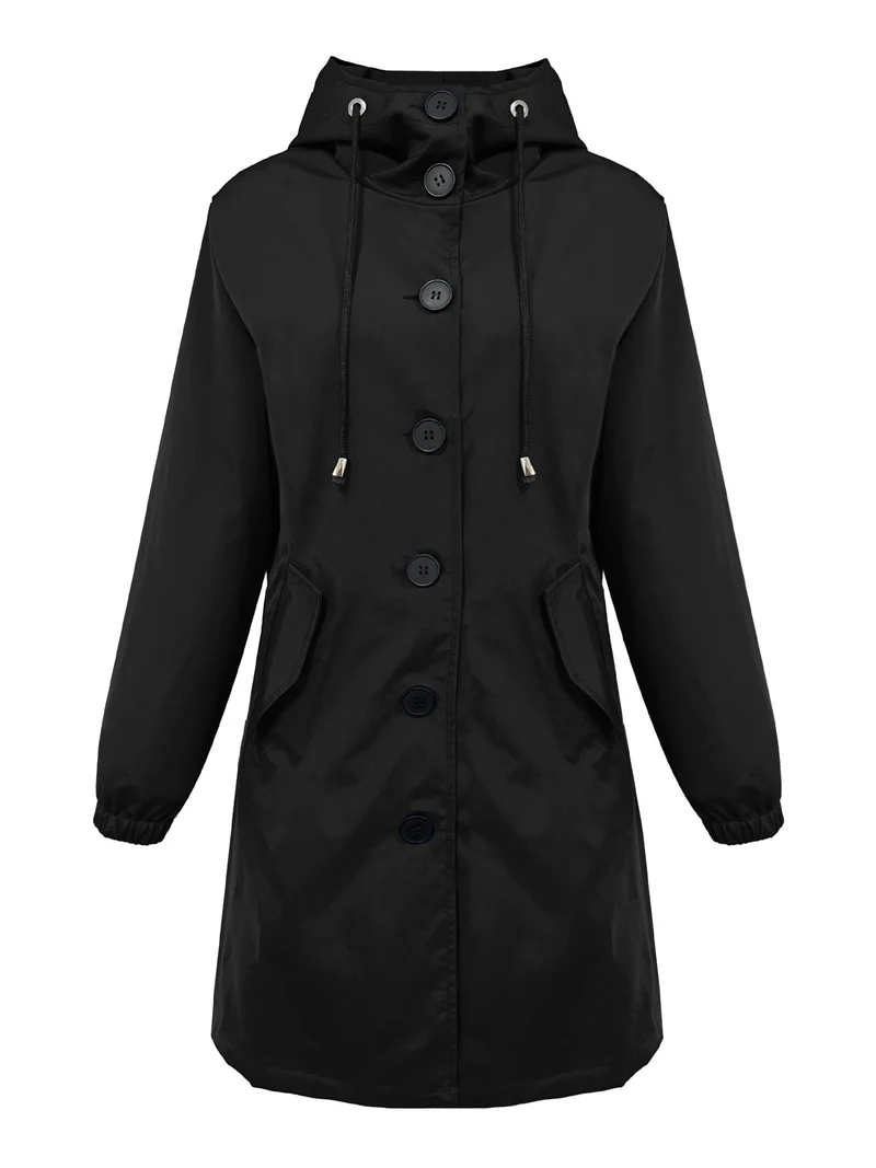 Damen nan leichter Regenparka mit Kapuze, überlanger Knopfleiste, Tunnelzug und aufgesetzten Taschen Drune