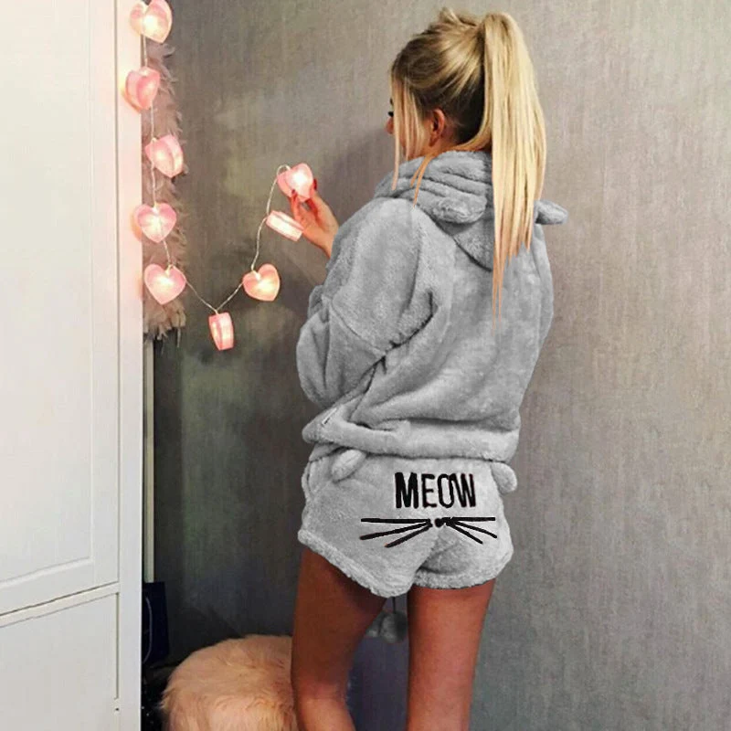 Damen nan kuscheliges zweiteiliges Lounge-Set mit Kapuzenpullover und Shorts mit MEOW-Stickerei Drune