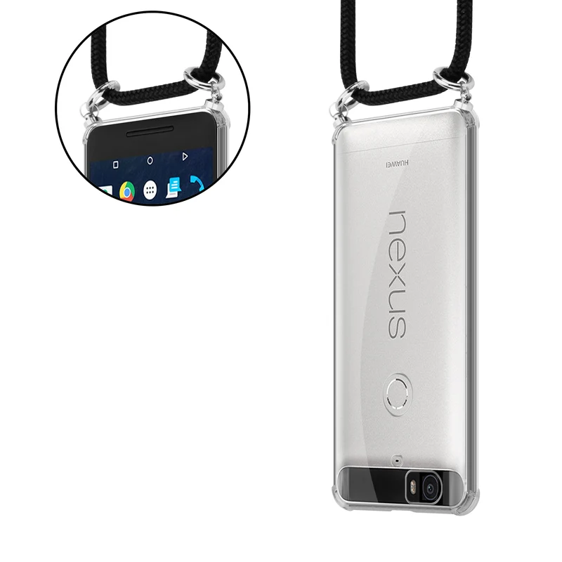 Cadorabo Handy Kette kompatibel mit Huawei Google NEXUS 6P Silikon Schutzhülle mit Silbernen Ringen, Kordel Band und abnehmbarem Etui