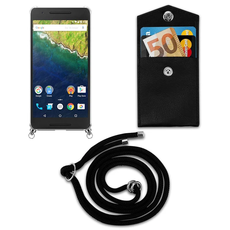 Cadorabo Handy Kette kompatibel mit Huawei Google NEXUS 6P Silikon Schutzhülle mit Silbernen Ringen, Kordel Band und abnehmbarem Etui