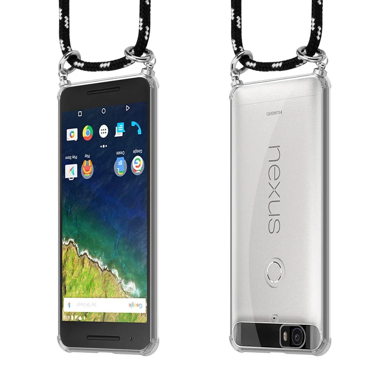 Cadorabo Handy Kette kompatibel mit Huawei Google NEXUS 6P Silikon Schutzhülle mit Silbernen Ringen, Kordel Band und abnehmbarem Etui