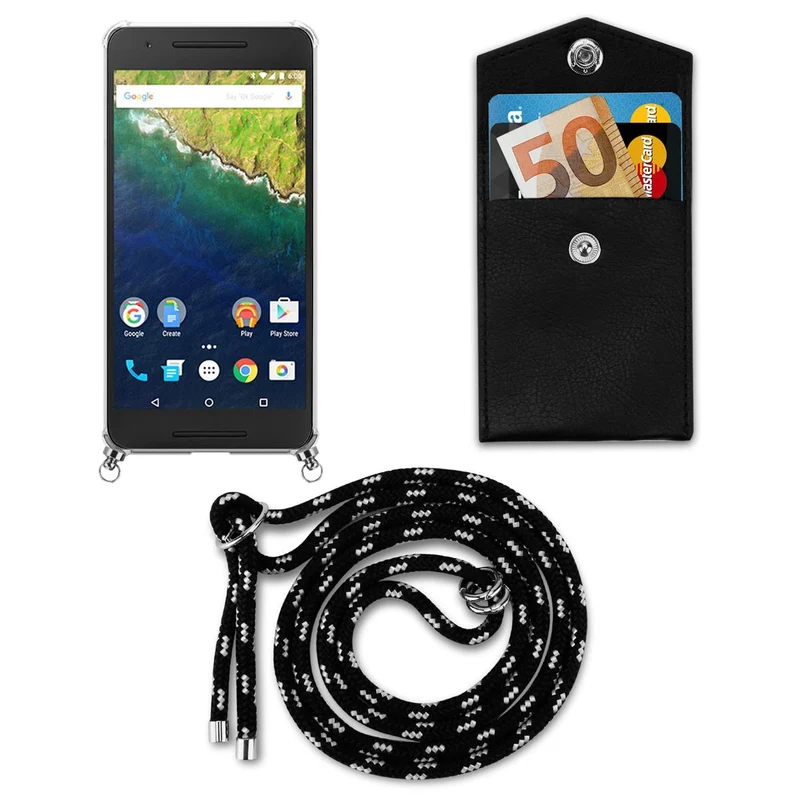 Cadorabo Handy Kette kompatibel mit Huawei Google NEXUS 6P Silikon Schutzhülle mit Silbernen Ringen, Kordel Band und abnehmbarem Etui